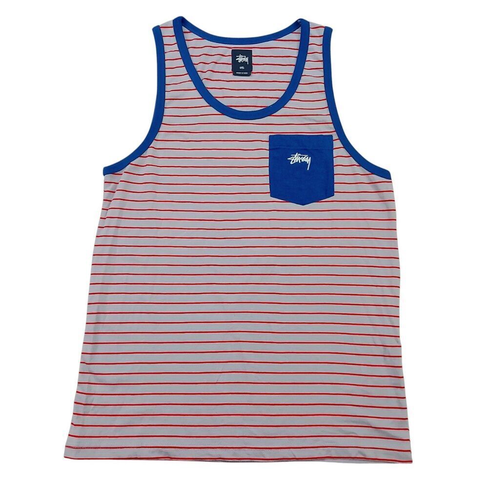 Stussy Tank Top Mens Small Gray Red Striped Cotton Lightweight Soft Streetwear